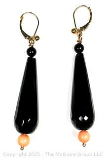 Polished Onyx with Pink Coral Drop Bead Earrings in 14KT Yellow Gold Findings