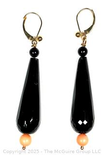 Polished Onyx with Pink Coral Drop Bead Earrings in 14KT Yellow Gold Findings