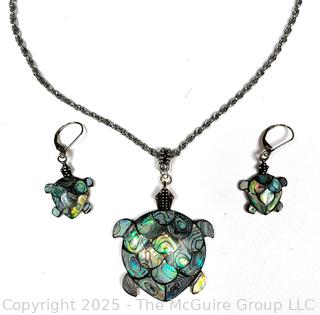 Sterling Silver with Abalone Shell Turtles Pendant Necklace and Earrings