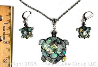 Sterling Silver with Abalone Shell Turtles Pendant Necklace and Earrings