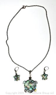 Sterling Silver with Abalone Shell Turtles Pendant Necklace and Earrings