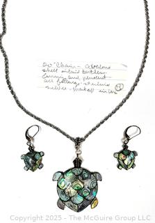 Sterling Silver with Abalone Shell Turtles Pendant Necklace and Earrings