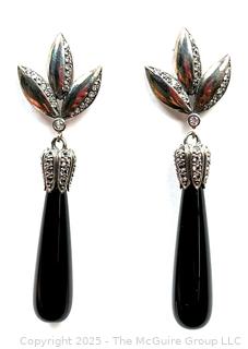 Polished Black Onyx Bead Drop Earrings with White Topaz Accents in Sterling Silver Mounts