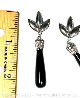 Polished Black Onyx Bead Drop Earrings with White Topaz Accents in Sterling Silver Mounts