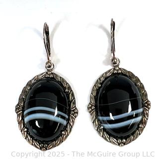 Polished Banded Agate Stone Earrings in Sterling Silver Mounts