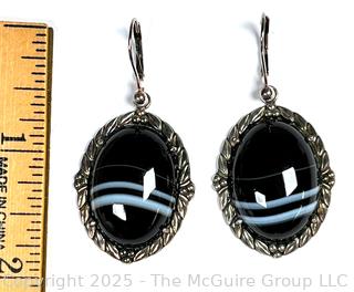 Polished Banded Agate Stone Earrings in Sterling Silver Mounts