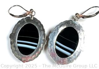 Polished Banded Agate Stone Earrings in Sterling Silver Mounts
