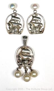 Three (3) Piece Sterling Silver and Pearl Tall Ship Pendant with Matching Earrings