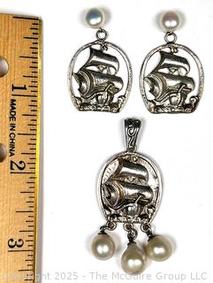 Three (3) Piece Sterling Silver and Pearl Tall Ship Pendant with Matching Earrings