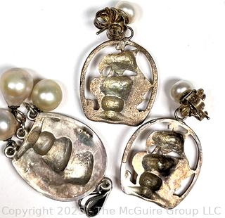 Three (3) Piece Sterling Silver and Pearl Tall Ship Pendant with Matching Earrings