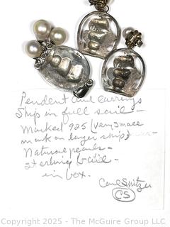 Three (3) Piece Sterling Silver and Pearl Tall Ship Pendant with Matching Earrings
