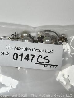 Three (3) Piece Sterling Silver and Pearl Tall Ship Pendant with Matching Earrings
