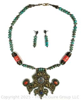 Tibetan Brass Prayer Necklace Inlaid with Coral and Turquoise with Matching Earrings