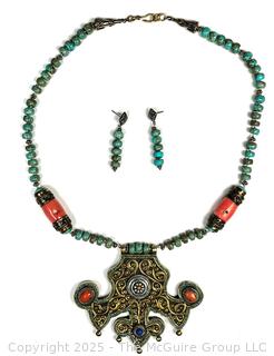 Tibetan Brass Prayer Necklace Inlaid with Coral and Turquoise with Matching Earrings