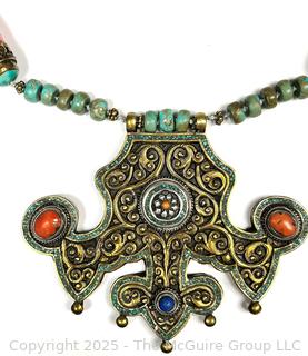 Tibetan Brass Prayer Necklace Inlaid with Coral and Turquoise with Matching Earrings