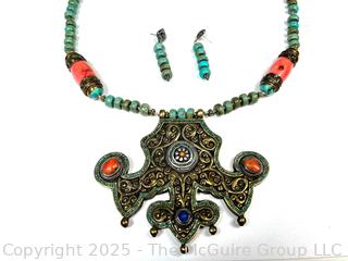 Tibetan Brass Prayer Necklace Inlaid with Coral and Turquoise with Matching Earrings