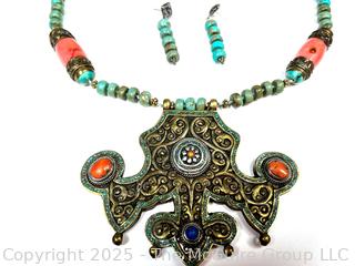 Tibetan Brass Prayer Necklace Inlaid with Coral and Turquoise with Matching Earrings