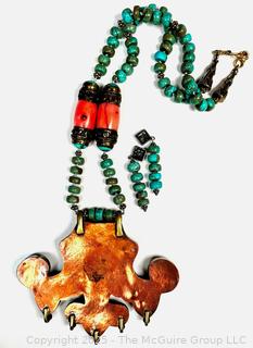 Tibetan Brass Prayer Necklace Inlaid with Coral and Turquoise with Matching Earrings
