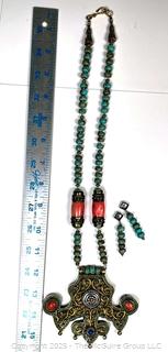 Tibetan Brass Prayer Necklace Inlaid with Coral and Turquoise with Matching Earrings