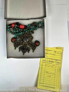 Tibetan Brass Prayer Necklace Inlaid with Coral and Turquoise with Matching Earrings