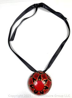 Red Hand Painted Paper Mache Pendant on Silk Cord Necklace, Signed by Artist