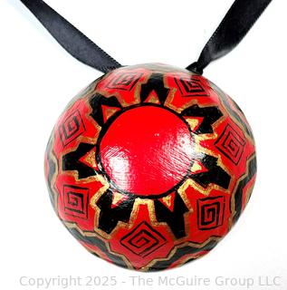 Red Hand Painted Paper Mache Pendant on Silk Cord Necklace, Signed by Artist