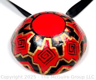 Red Hand Painted Paper Mache Pendant on Silk Cord Necklace, Signed by Artist