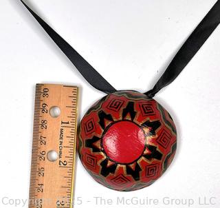 Red Hand Painted Paper Mache Pendant on Silk Cord Necklace, Signed by Artist