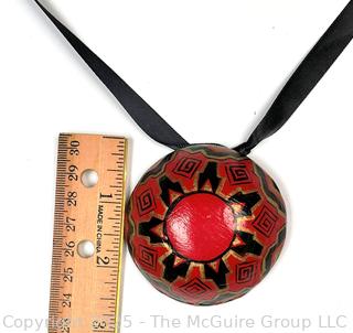 Red Hand Painted Paper Mache Pendant on Silk Cord Necklace, Signed by Artist