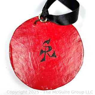 Red Hand Painted Paper Mache Pendant on Silk Cord Necklace, Signed by Artist