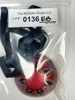 Red Hand Painted Paper Mache Pendant on Silk Cord Necklace, Signed by Artist