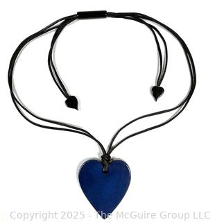 Blue Carved Heart on Leather Cord Necklace by Zsiska with Gift Bag