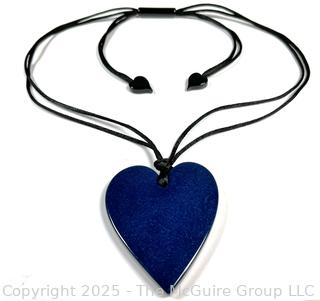 Blue Carved Heart on Leather Cord Necklace by Zsiska with Gift Bag