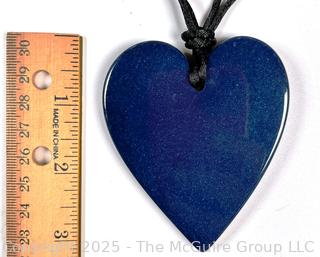 Blue Carved Heart on Leather Cord Necklace by Zsiska with Gift Bag