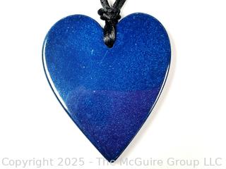 Blue Carved Heart on Leather Cord Necklace by Zsiska with Gift Bag