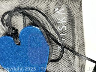 Blue Carved Heart on Leather Cord Necklace by Zsiska with Gift Bag