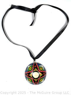 Hand Painted Paper Mache Pendant on Silk Cord Necklace, Signed by Artist