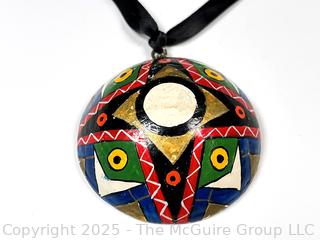 Hand Painted Paper Mache Pendant on Silk Cord Necklace, Signed by Artist
