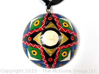 Hand Painted Paper Mache Pendant on Silk Cord Necklace, Signed by Artist