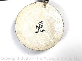 Hand Painted Paper Mache Pendant on Silk Cord Necklace, Signed by Artist