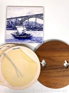 Tile Trivets, German Stein, Peweter Serving Dish and Wood Tray