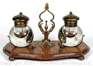 Victorian Round Crystal with Gold Stars Double Inkwells in Footed Wood and Brass Stand