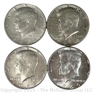 Four (4) Kennedy Half Dollar Coins. (2) 1966 and (2) 1964