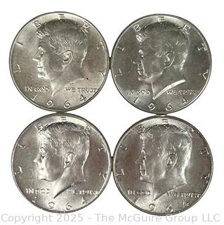 Four (4) Kennedy Half Dollar Silver Coins. All 1964 (some luster)