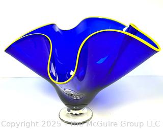 Cobalt Blue Handkerchief Vase with Yellow Trim, Signed by Thomas Chapman, Hand Blown Art Glass