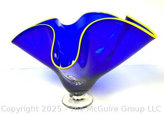 Cobalt Blue Handkerchief Vase with Yellow Trim, Signed by Thomas Chapman, Hand Blown Art Glass
