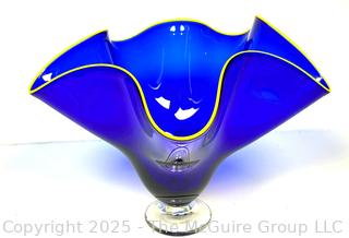 Cobalt Blue Handkerchief Vase with Yellow Trim, Signed by Thomas Chapman, Hand Blown Art Glass