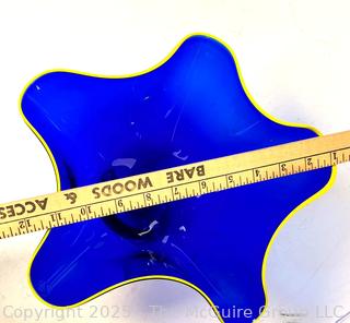 Cobalt Blue Handkerchief Vase with Yellow Trim, Signed by Thomas Chapman, Hand Blown Art Glass