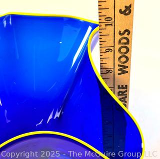 Cobalt Blue Handkerchief Vase with Yellow Trim, Signed by Thomas Chapman, Hand Blown Art Glass