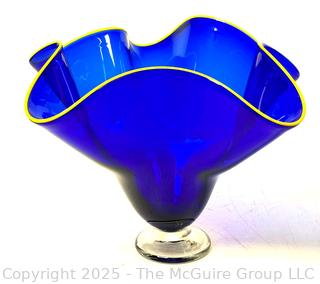 Cobalt Blue Handkerchief Vase with Yellow Trim, Signed by Thomas Chapman, Hand Blown Art Glass